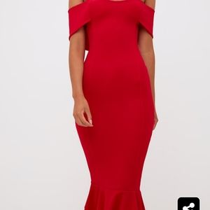 Prettylittlething Red Bardot Mermaid Midi Dress